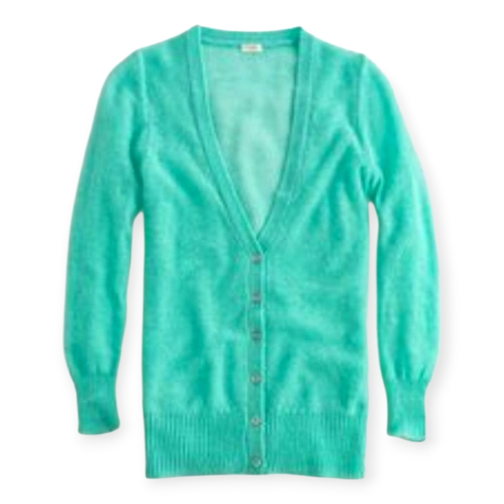 J CREW Sea Glass Green Mohair Souffle Button-Up V-Neck Cardigan Sweater